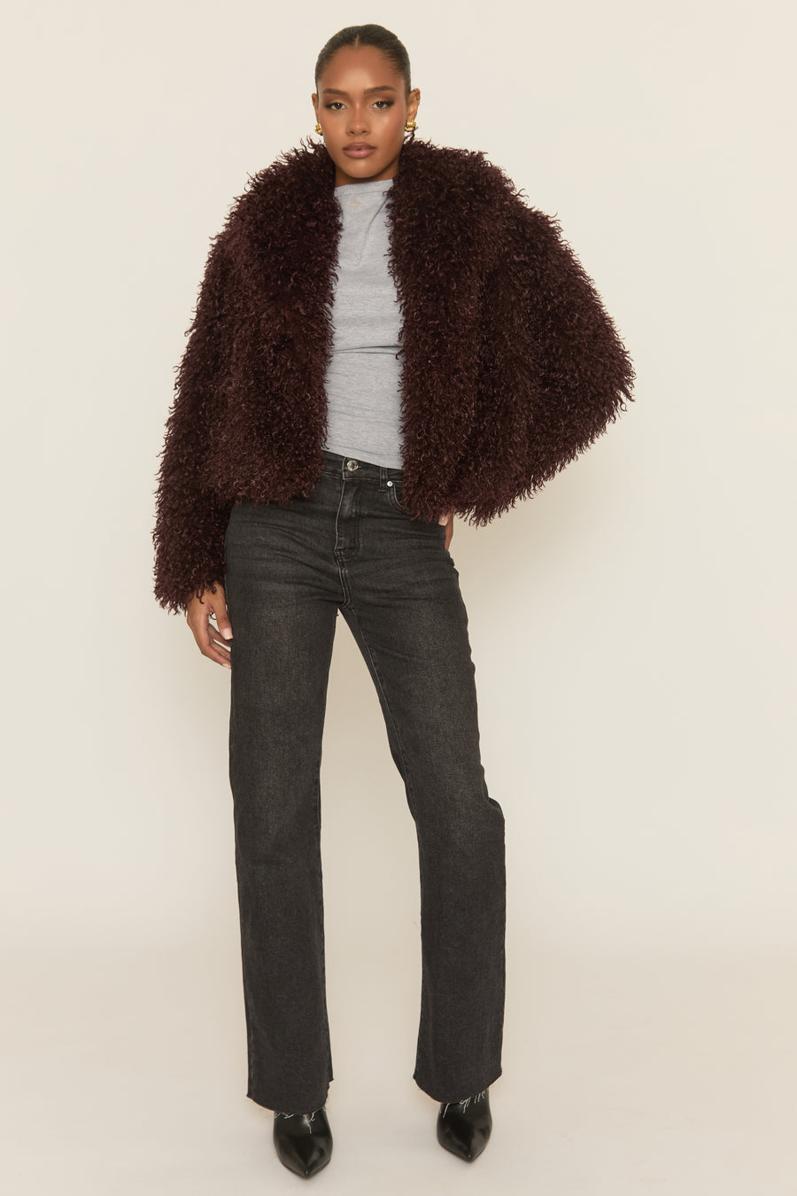 Wine Shaggy Faux Fur Coat - Devne