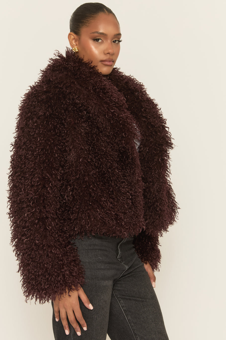Wine Shaggy Faux Fur Coat - Devne