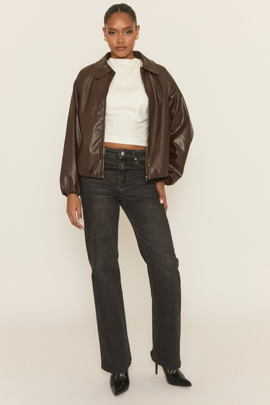 Chocolate Faux Leather Bomber Jacket - Miren