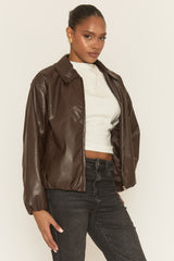 Chocolate Faux Leather Bomber Jacket - Miren
