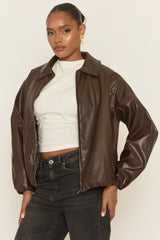 Chocolate Faux Leather Bomber Jacket - Miren