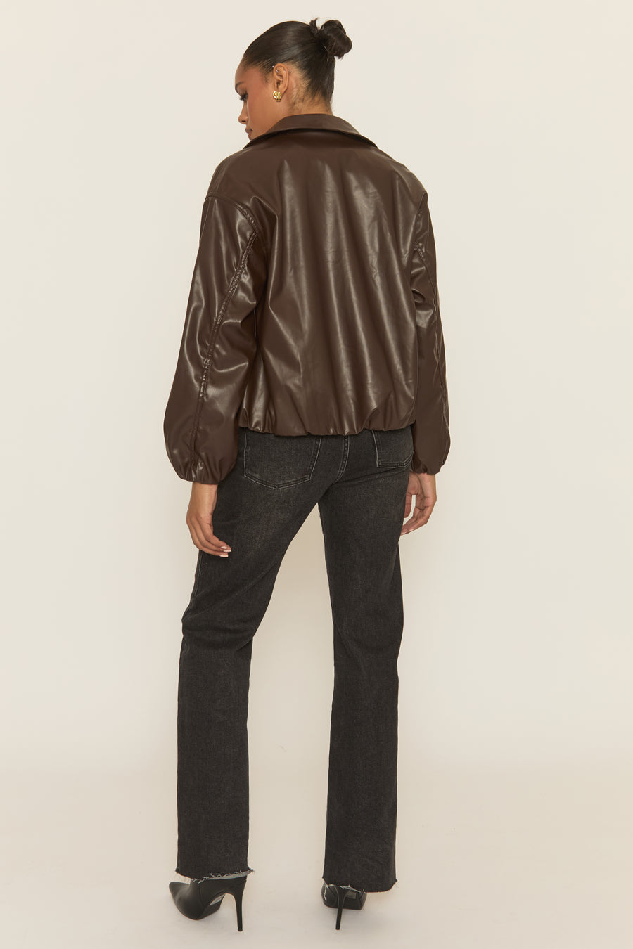 Chocolate Faux Leather Bomber Jacket - Miren