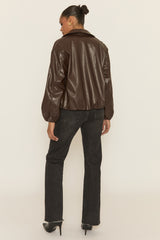 Chocolate Faux Leather Bomber Jacket - Miren