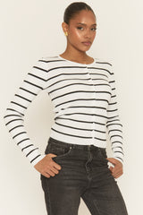 White Striped Rib Knit Button up Top - Tulisa
