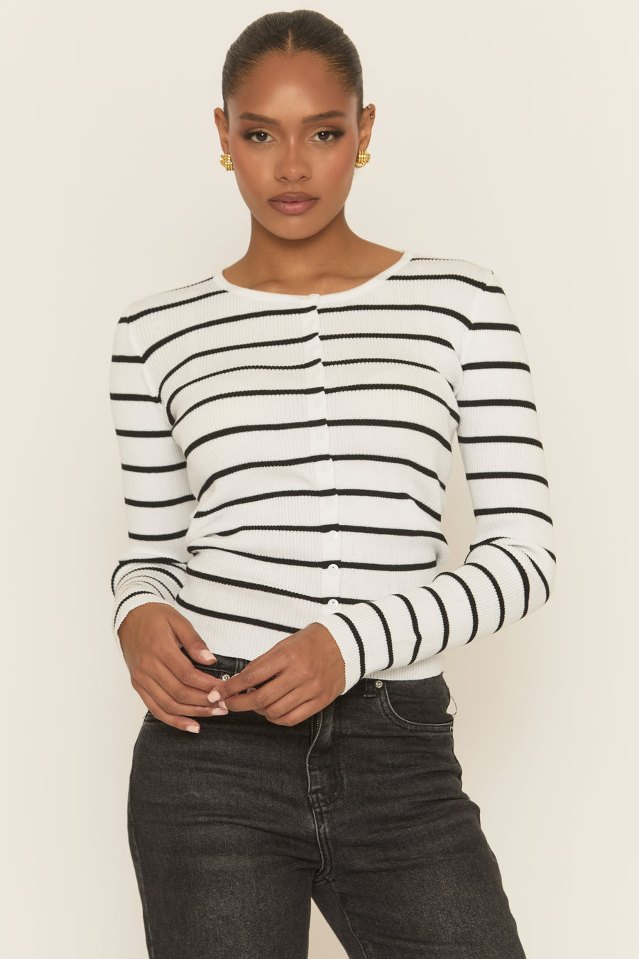 White Striped Rib Knit Button up Top - Tulisa
