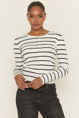 White Striped Rib Knit Button up Top - Tulisa
