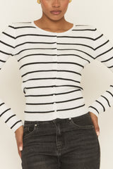 White Striped Rib Knit Button up Top - Tulisa
