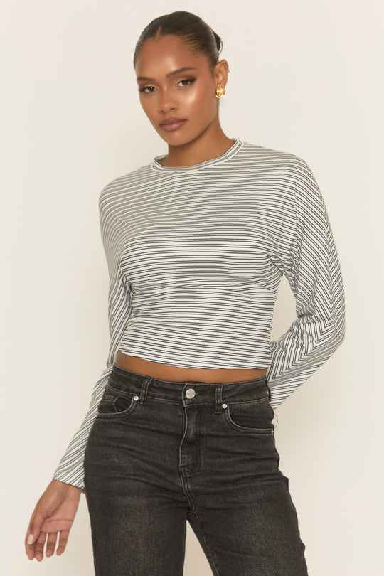 White Striped Cinched Waist Top - Mallie