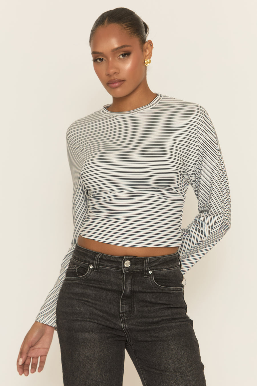 White Striped Cinched Waist Top - Mallie