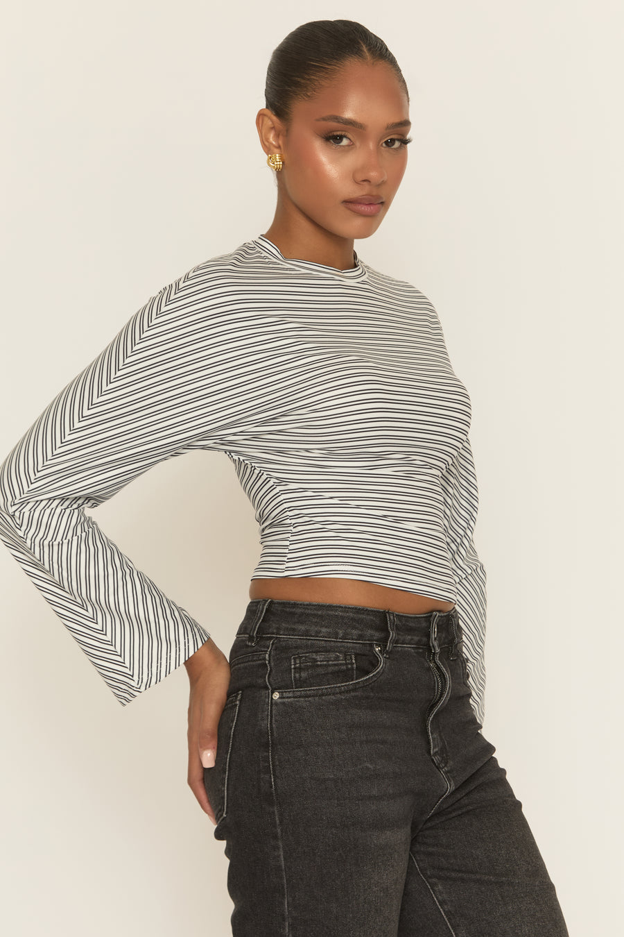White Striped Cinched Waist Top - Mallie