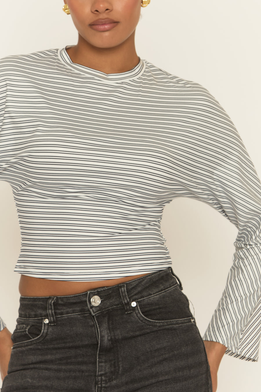 White Striped Cinched Waist Top - Mallie