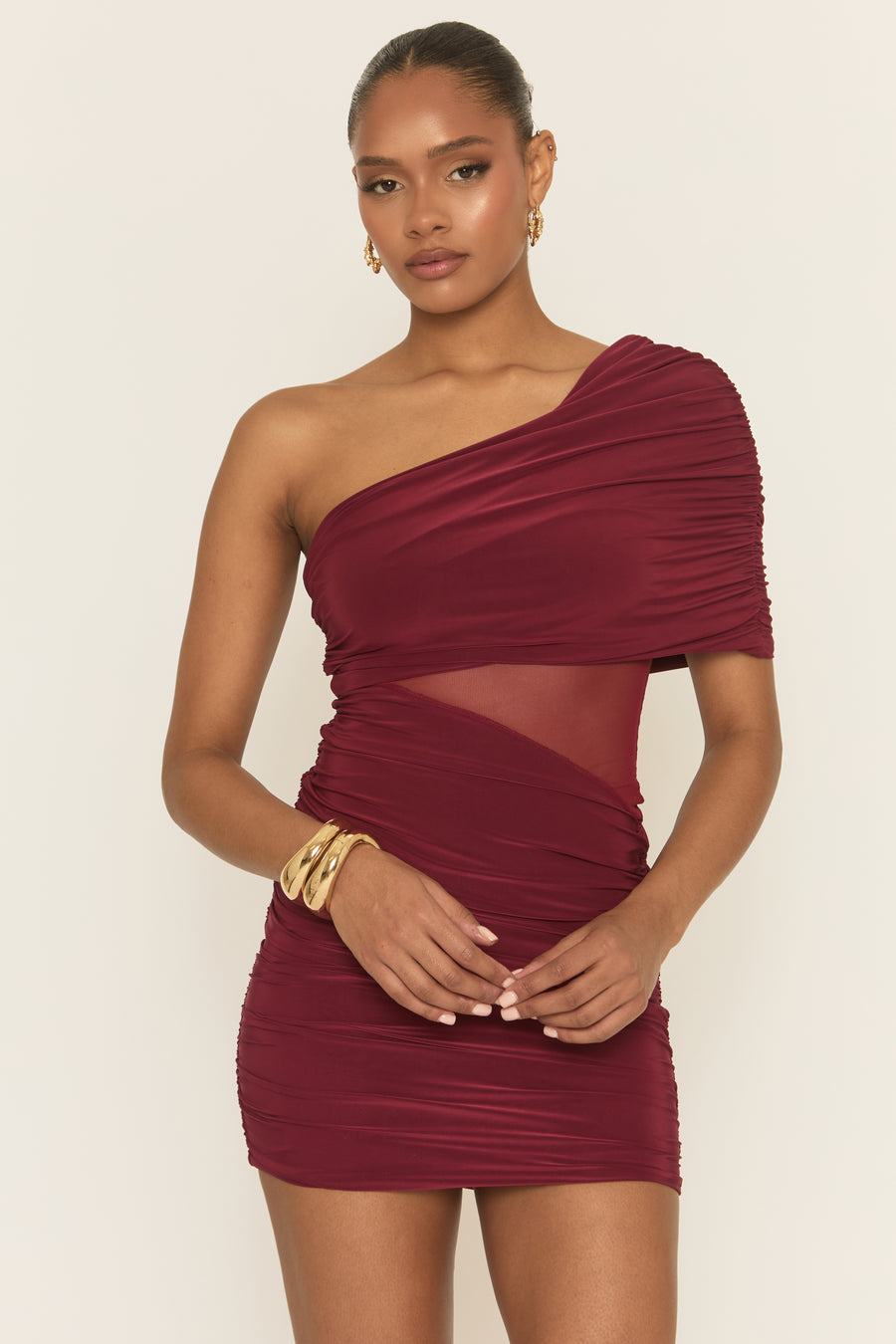 Wine Mesh Drape Front Mini Dress - Payne