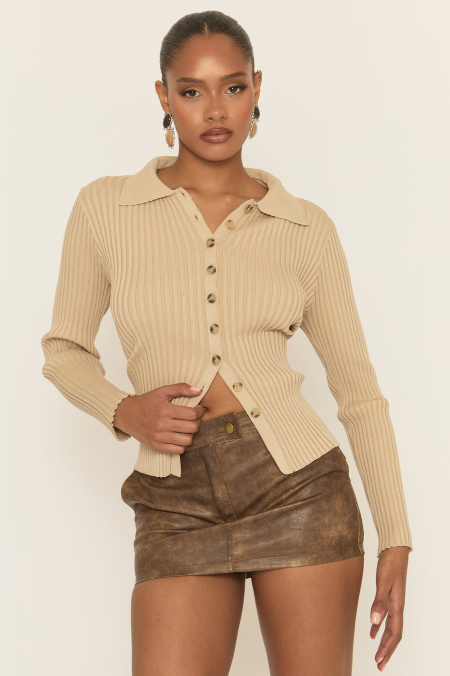 Camel Button Up Rib Knit Cardigan - Ferne