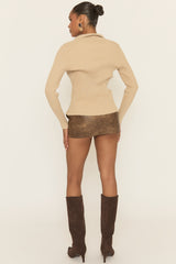 Camel Button Up Rib Knit Cardigan - Ferne