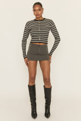 Black Striped Knit Cinched Waist Cardigan - Melita