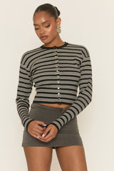 Black Striped Knit Cinched Waist Cardigan - Melita