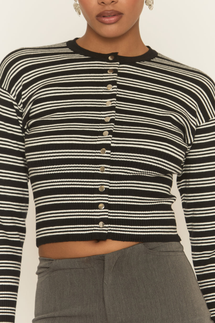 Black Striped Knit Cinched Waist Cardigan - Melita