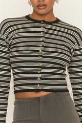 Black Striped Knit Cinched Waist Cardigan - Melita