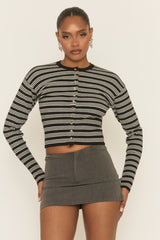 Black Striped Knit Cinched Waist Cardigan - Melita