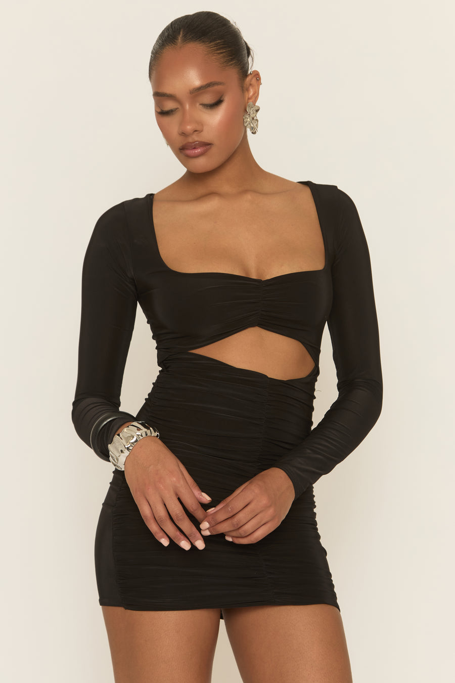 Black Cut Out Ruched Long Sleeve Mini Dress | Dresses | Rebellious Fashion Black Cut Out Ruched Long Sleeve Mini Dress | Dresses | Rebellious Fashion
