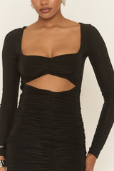 Black Cut Out Ruched Long Sleeve Mini Dress - Sorelle