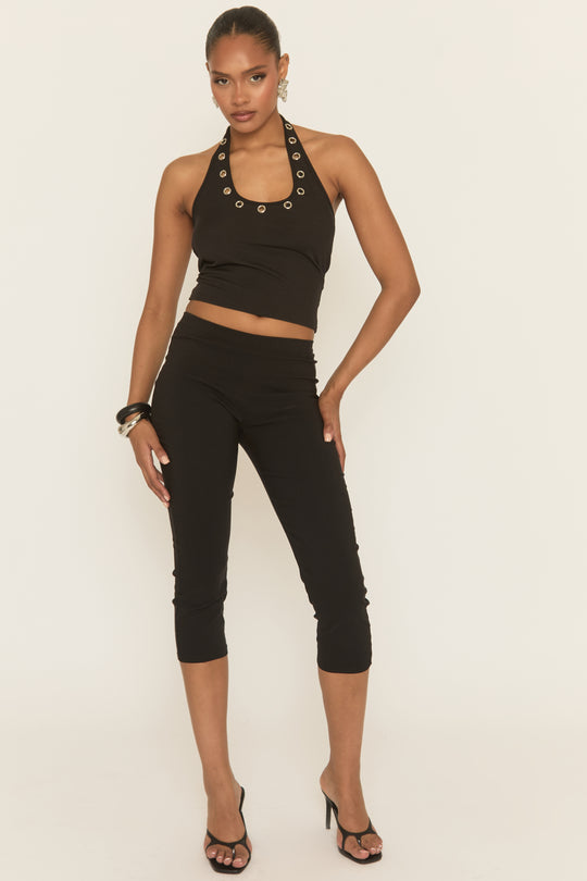 Black Eyelet Trim Halterneck Top - Janella