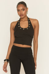 Black Eyelet Trim Halterneck Top - Janella