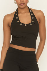 Black Eyelet Trim Halterneck Top - Janella