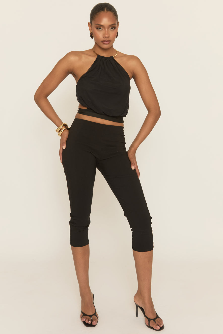 Black Gold Neck Trim Top - Zeena