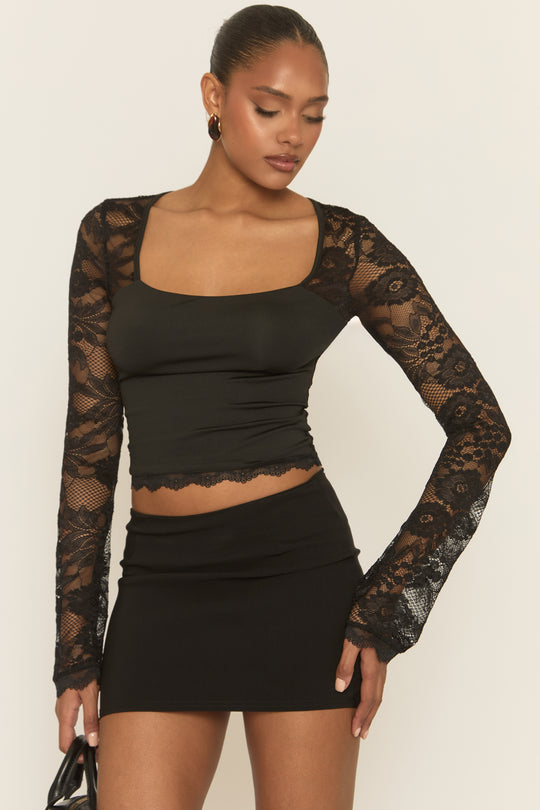 Black Lace Square Neck Long Sleeve Top - Rosalia