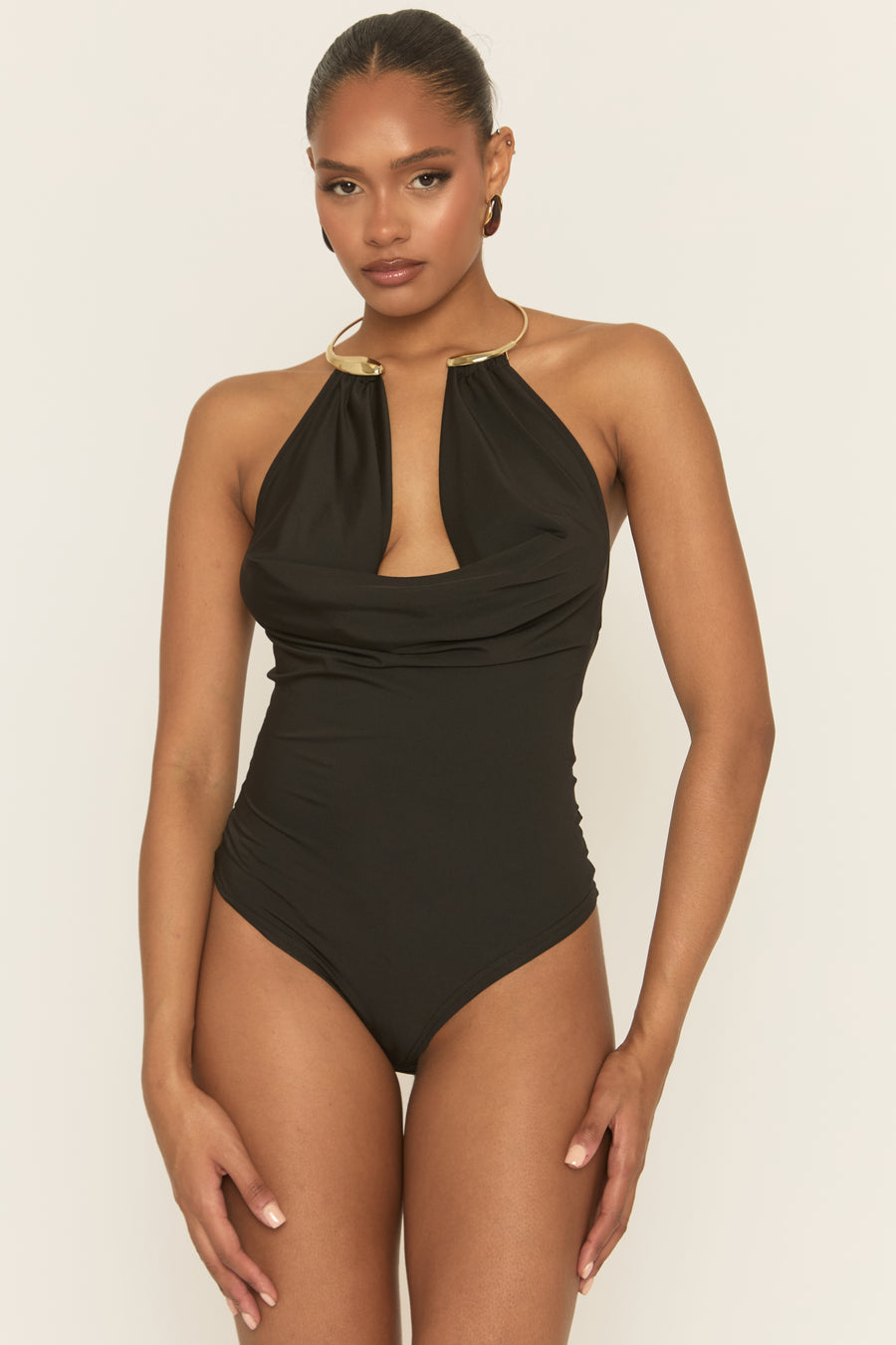 Black Gold Trim Cowl Neck Bodysuit - Irella