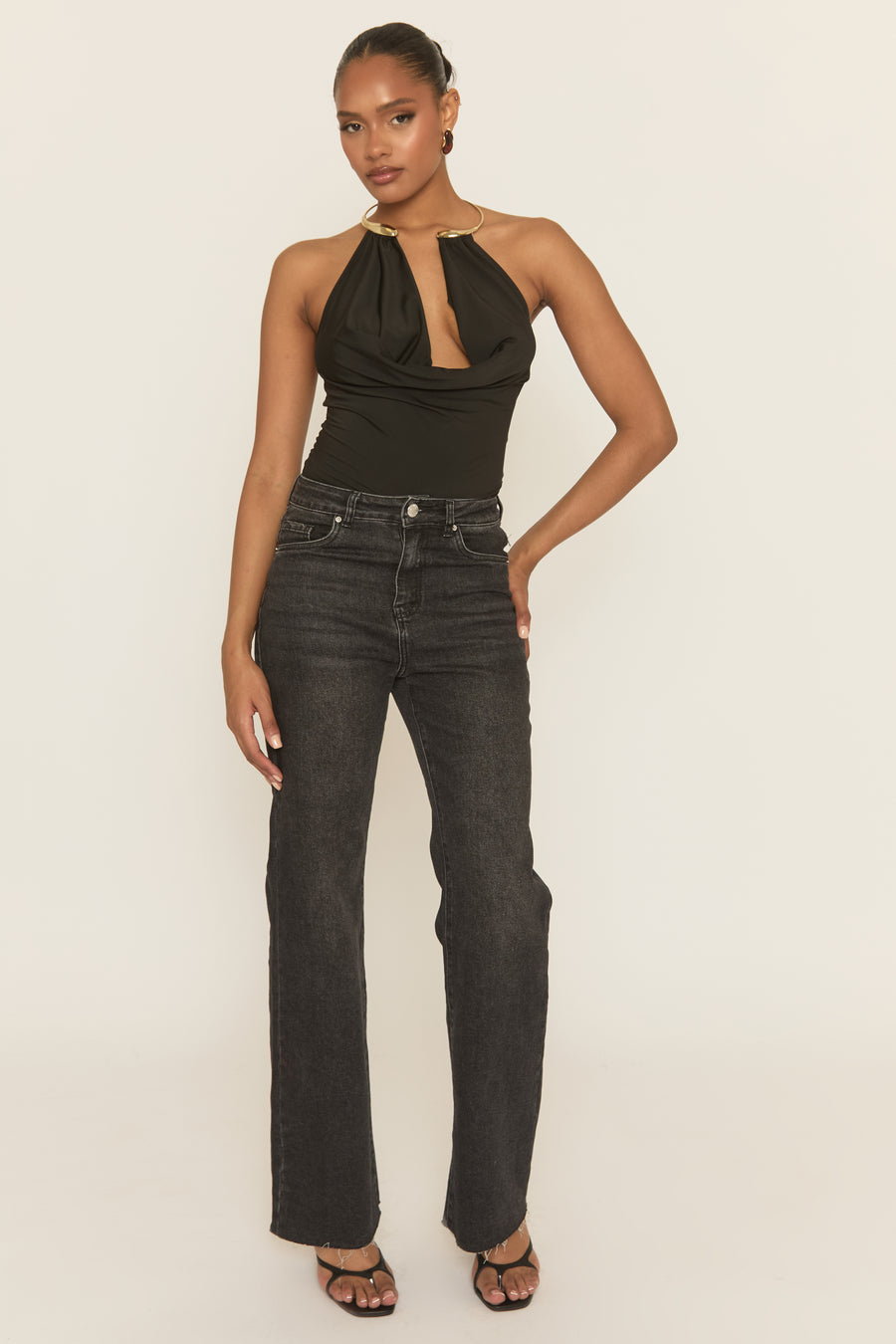 Black Gold Trim Cowl Neck Bodysuit - Irella