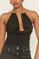 Black Gold Trim Cowl Neck Bodysuit - Irella