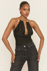 Black Gold Trim Cowl Neck Bodysuit - Irella