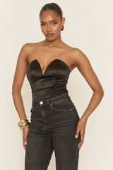 Black V Plunge Satin Bodysuit - Rayah