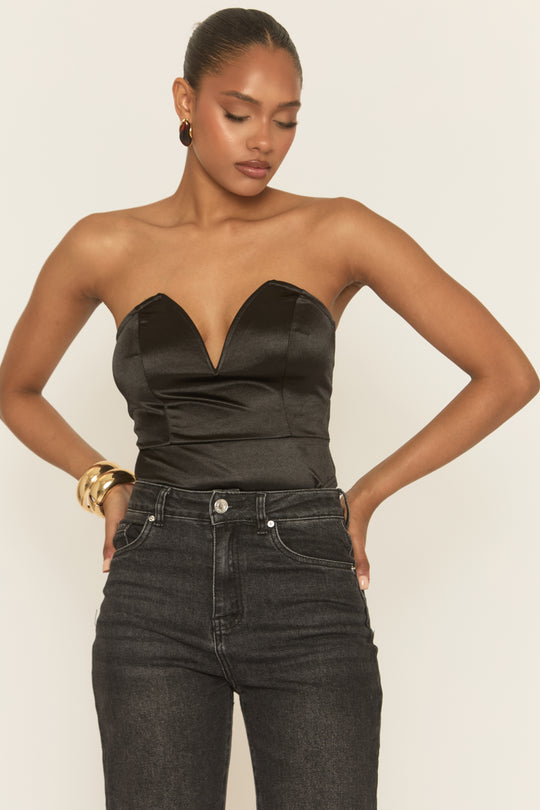 Black V Plunge Satin Bodysuit - Rayah