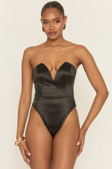 Black V Plunge Satin Bodysuit - Rayah