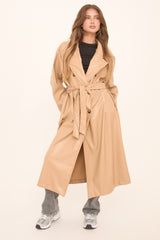 Camel Faux Leather Double Breasted Oversized Longline Trench Coat - Ethel