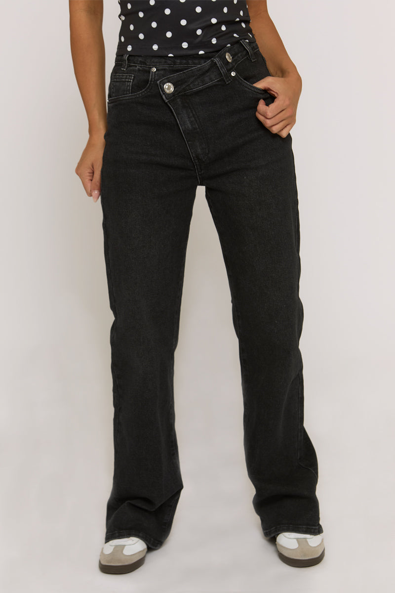 Charcoal Wash Asymmetric Waist Wide Leg Jeans - Christi