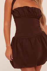 Brown Ruched Halter Neck Puffball Mini Dress - Anessa