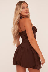 Brown Ruched Halter Neck Puffball Mini Dress - Anessa