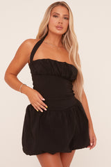 Black Ruched Halter Neck Puffball Mini Dress - Anessa