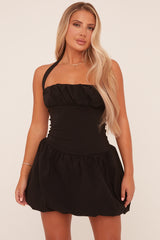 Black Ruched Halter Neck Puffball Mini Dress - Anessa