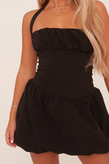 Black Ruched Halter Neck Puffball Mini Dress - Anessa