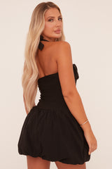 Black Ruched Halter Neck Puffball Mini Dress - Anessa