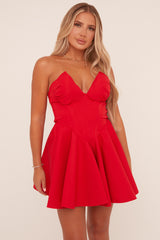 Red Corset Detail Gathered Mini Dress - Mase