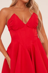 Red Corset Detail Gathered Mini Dress - Mase