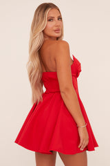Red Corset Detail Gathered Mini Dress - Mase