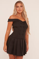 Black Bardot Pleated Tailored Blazer Dress - Elmina