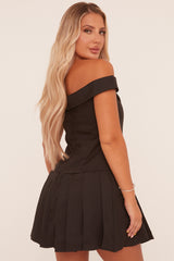 Black Bardot Pleated Tailored Blazer Dress - Elmina